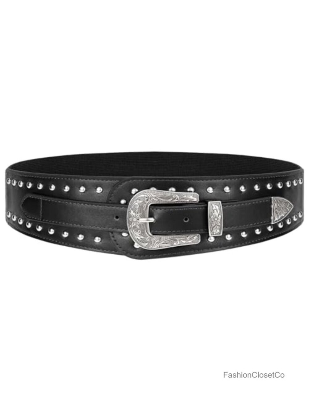 Women's Western Studded Wide Stretch Belt Faux Leather Elastic Waist
